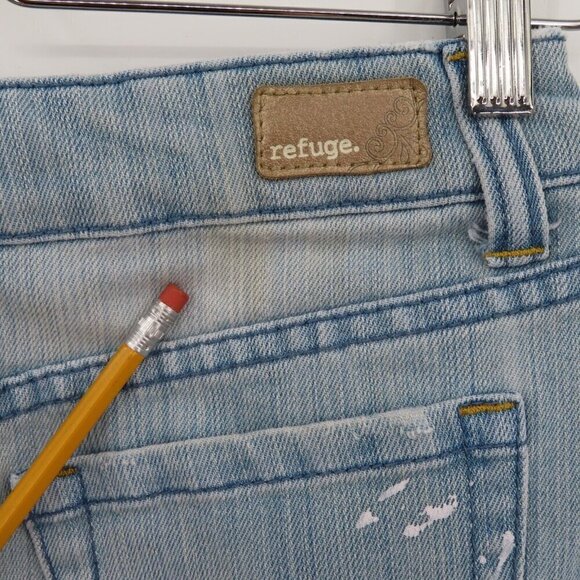 Refuge Juniors 1 Light Blue Distressed Paint Splatter Denim Jean Mini Skirt Y2K - Picture 8 of 11